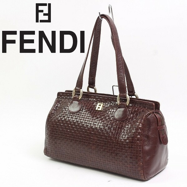 ヴィンテージ◆FENDI/フェンディ レザー 編み込み セミショルダー バッグ ブラウン