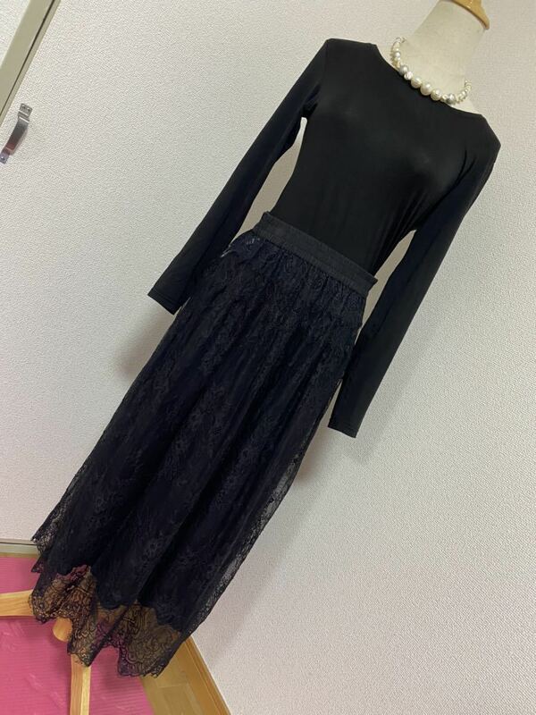 goaゴア☆総レースロングスカート黒、インナーペチコート付きサイズフリー中古美品