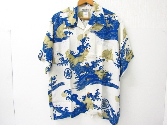 MAKANA LEI マカナレイ アロハシャツ シルク 和柄 兎 波 半袖シャツ オフホワイト×ブルー系 SIZE:L♪FG5965