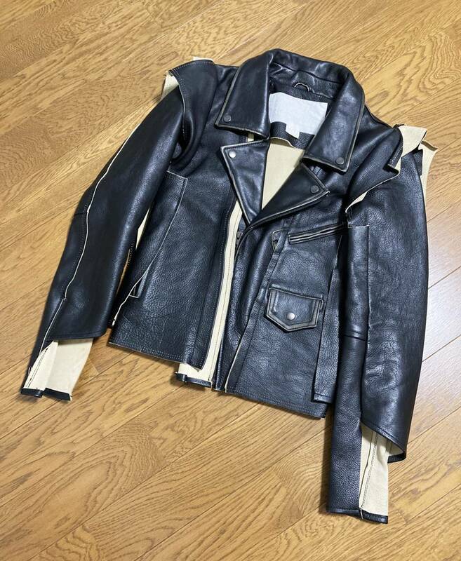 美品☆[Maison Martin Margiela×H&M] RE-EDITION Adjusted biker jacket 再構築 ダブルライダース レザージャケット 38 牛革 ブラック