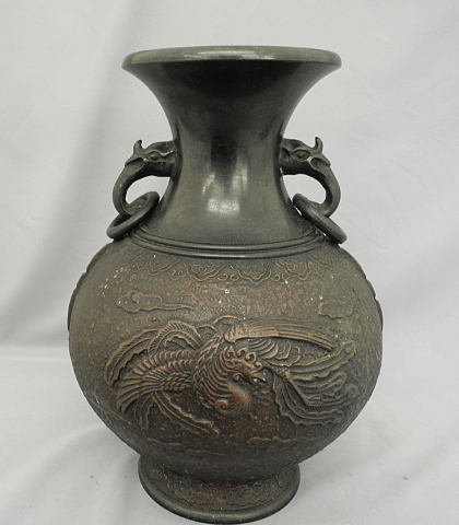 青銅 花瓶 真峰 ダルマ鳳凰地紋 高岡銅器 花器　花瓶　インテリア　中古　Japanese craft