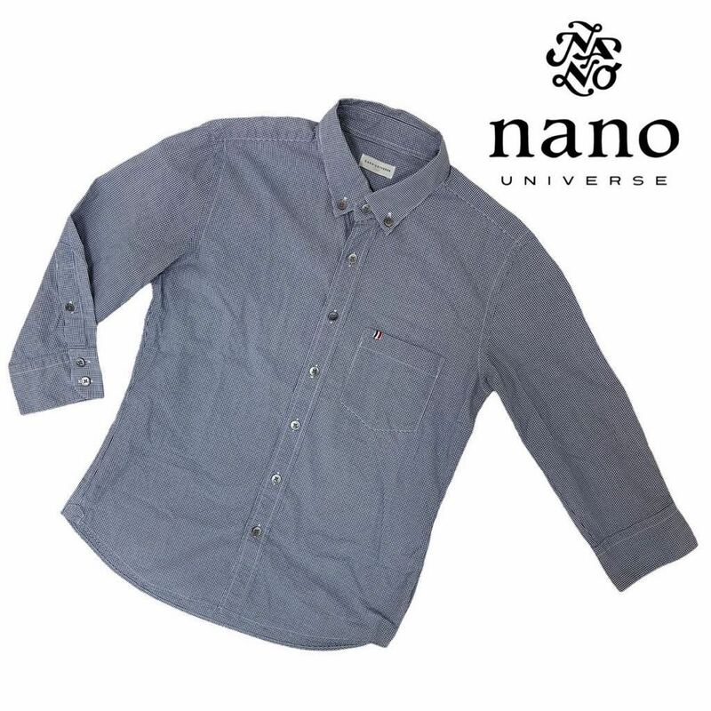 b330 nano・universe ナノユニバース 七分袖ほど ボタンダウン シャツ 羽織り トップス フロントボタン 綿 100% ネイビー系 総柄 メンズ S