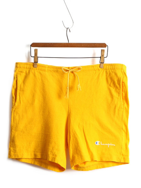 90s USA製 ■ チャンピオン ポケット付き イージー ショートパンツ ( メンズ M ) 古着 90年代 Champion ショーツ 短パン トレーニング 黄色