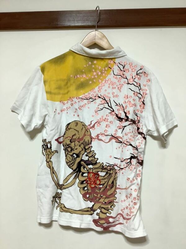 な980 二式 和柄刺繍 半袖ポロシャツ M ホワイト 桜 骸骨