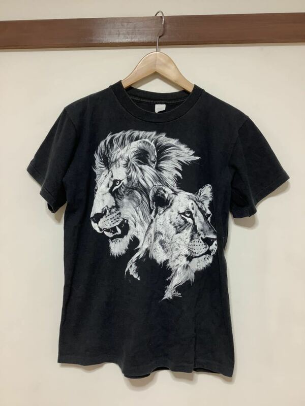 ち908 USA製 プリントTシャツ 半袖Tシャツ M ブラック アニマル 動物 ライオン