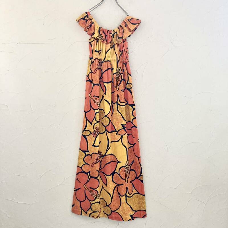 アメリカ製 ビンテージ オレンジ 花柄 ハワイアン マキシ ドレス