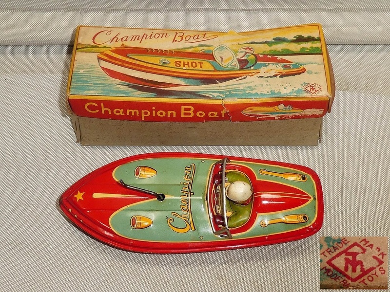 ●昭和レトロ 増田屋 ブリキのおもちゃ ボート 舟 Champion Boat 箱付 当時物 ブリキ 玩具 船 ヴィンテージ ジャンク●