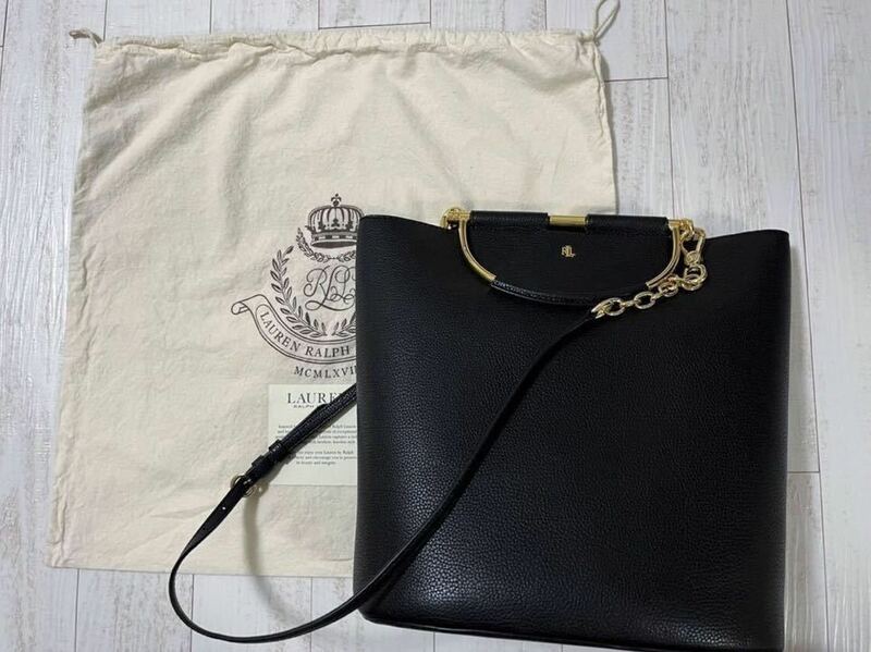 [Ralph Lauren Pebbled Leather Leyton Tote 2way ラルフローレン レザー トートバッグ 黒 ブラック]