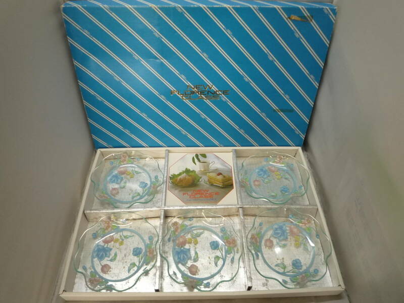 ☆川村硝子工芸　ニューフローレンスグラス　お皿　銘々皿　バラ柄　5枚セット　昭和レトロ