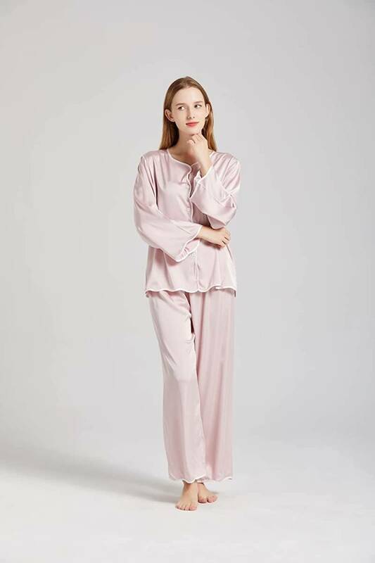上下セット シルク100% サテン レディース パジャマ ナイトウェア ルームウェア 部屋着 長袖 女性用 天然繊維 夏でも快適な着心地 ピンク