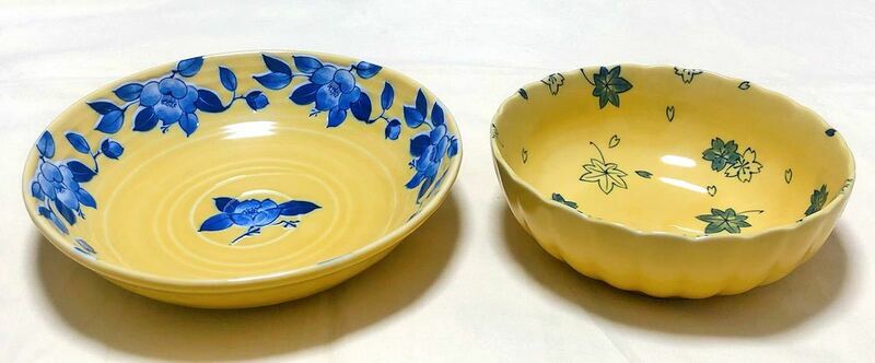 美品　陶磁器　たち吉　イエロ－　桜紅葉柄鉢＆椿柄深皿