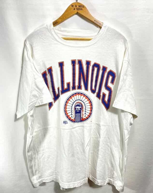 ■ 80s 90s ビンテージ イリノイ州立大学 インディアンヘッド カレッジ 2段プリント 半袖 Tシャツ ホワイト ILLINOIS University 米国 ■