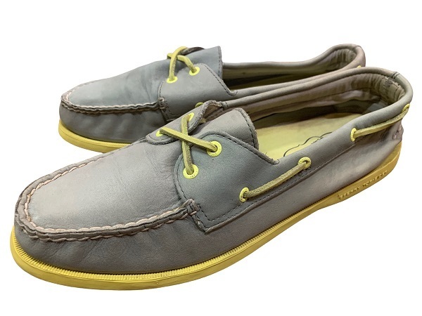 良品 レア SPERRY TOP SIDER スペリー トップサイダー デッキシューズ グレー/ライムイエロー 27cm ボートシューズ オールド 革靴