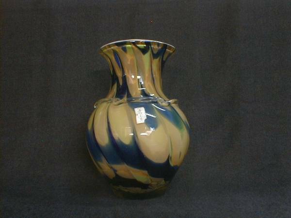 手作り吹きガラス　ブルー＆イエロー　ホワイトパール　23x16cm　2.2kg　花瓶