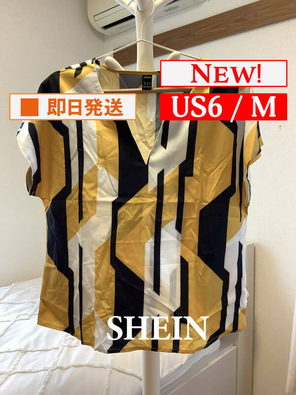 Top-806【新品】SHEIN/カットソー/半袖/US6/M/イエロー/ブラック/レディース/送料無料