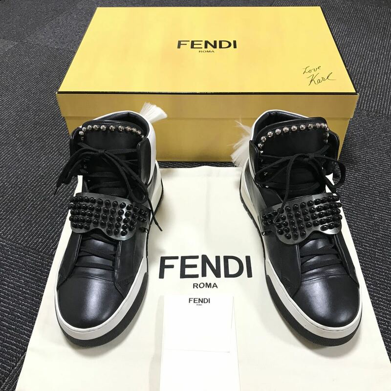 【フェンディ】本物 FENDI 靴 26cm スタッズ ハイカットシューズ スニーカー カジュアルシューズ レザー 男性用 メンズ イタリア製 7 箱有