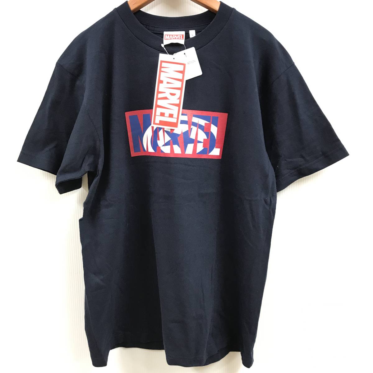 /L/ MARVEL ネイビー 半袖 Tシャツ ロゴ メンズ レディース タグ キャプテンアメリカ スーパーヒーロー アベンジャーズ マーベル