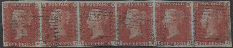 クラッシックイギリス切手・ヴィクトリア女王1841年ペニーレッド６枚列「スコット＃３, DE-DJ」使用済み