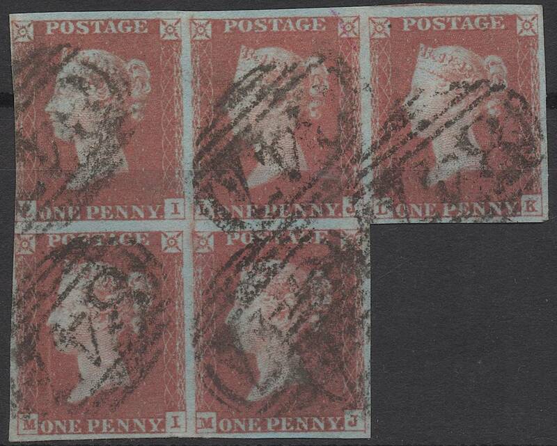 クラッシックイギリス切手・ヴィクトリア女王1841年ペニーレッド5枚版「スコット＃３, LI-MJ」使用済み
