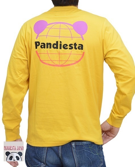 ワールドマップパンダロングTシャツ◆PANDIESTA JAPAN マスタードXLサイズ 561356 パンディエスタジャパン 長袖Tシャツ ロンT 刺繍