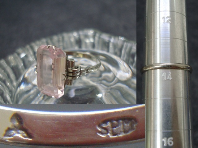 古い指輪 SPM刻印 ピンク色石 リング 約14号 彫金 三菱?刻印