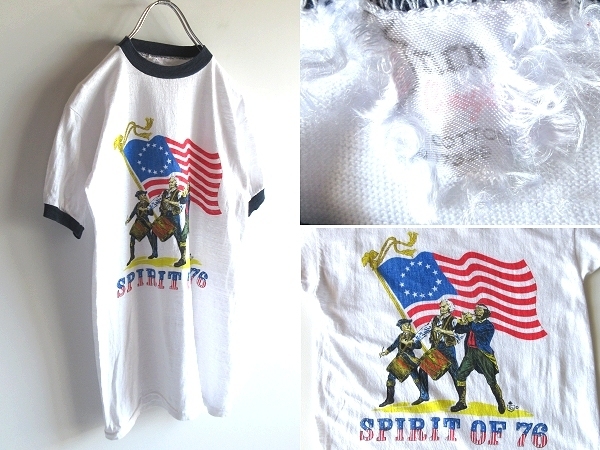 希少 70sビンテージ The Spirit of '76 Yankee Doodle 星条旗 染込みプリント コットン トリム リンガーTシャツ 白 ホワイト アートTシャツ
