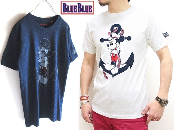 ネコポス対応 BLUE BLUE ブルーブルー ANCHOR MICKEY ミッキーマウス ロゴプリント Tシャツ カットソー XS インディゴ 藍色 ディズニー HRM