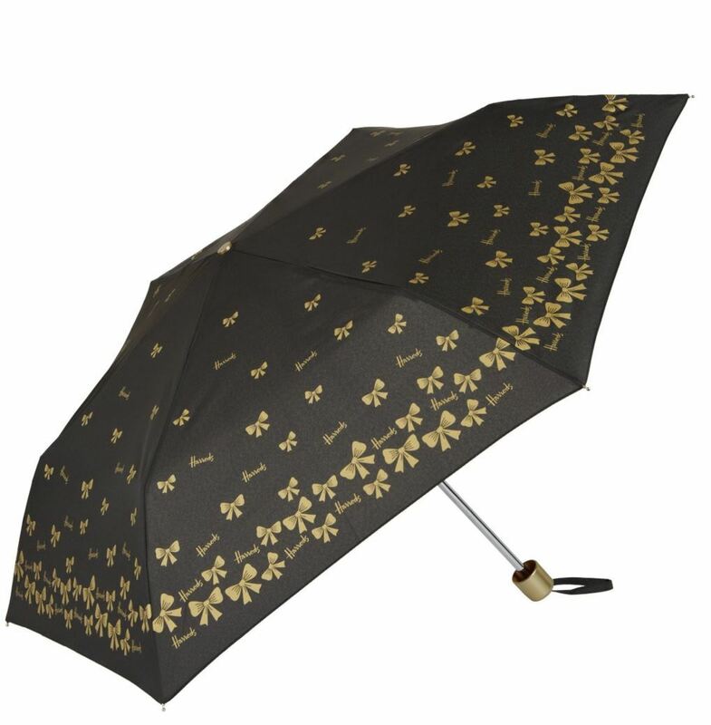 梅雨には★金色のリボンで雨宿り★Harrodsハロッズ・コンパクトな折りたたみ傘「Gold Bow　ゴールド・ボウ　金色の蝶結びリボン柄」