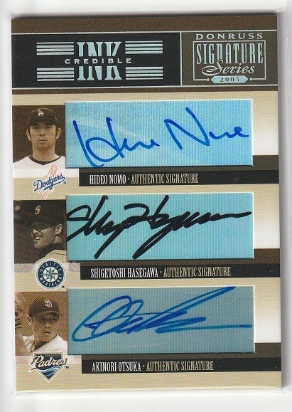 【激レア!! 直筆サイン】2005 Donruss Signature INK CREDIBLE #IS-57 HIDEO NOMO/SHIGETOSHI HASEGAWA/AKINORI OTSUKA 野茂英雄