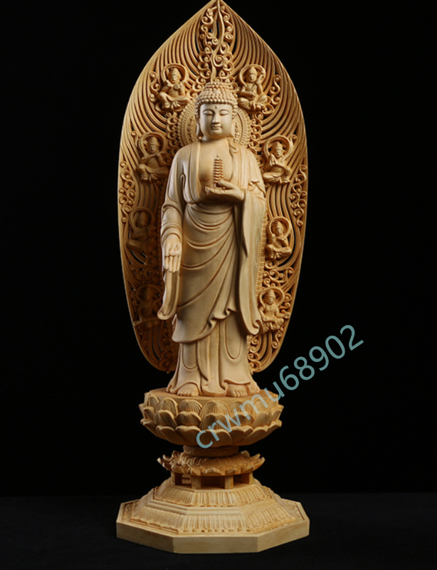 最新作 仏教工芸品 木彫仏教　精密彫刻 仏師で仕上げ品 総檜材 薬師如来立像 高さ 43cm
