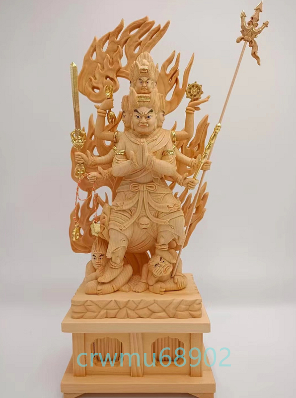 極上品 総檜材 木彫仏像 仏教美術 精密細工 仏師で仕上げ品 切金 大元帥明王立像 高さ32cm