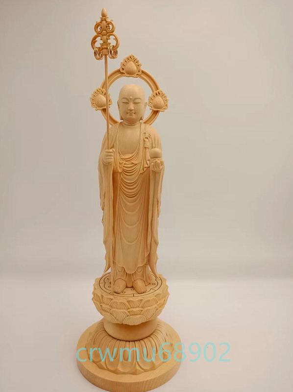仏教工芸品 総檜材 木彫仏像 仏教美術 精密細工 仏師で仕上げ品 地蔵王菩薩立像 高34cm