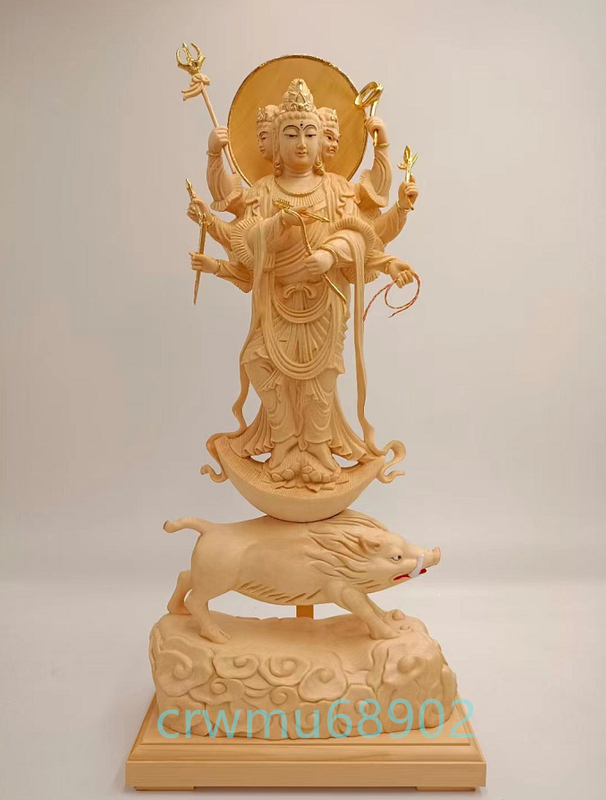 珍品 総檜材 木彫仏像 仏教美術 精密細工 師手仕上げ品 本金 切金 摩利支天立像 高さ40cm