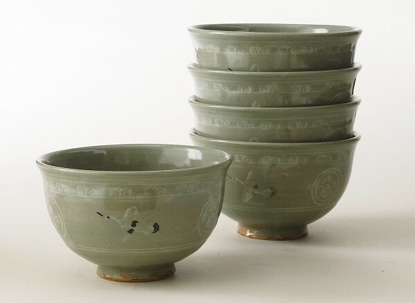 茶道具　数茶碗　青磁　雲鶴　５客、京焼　中村与平作、化粧箱入　新品。