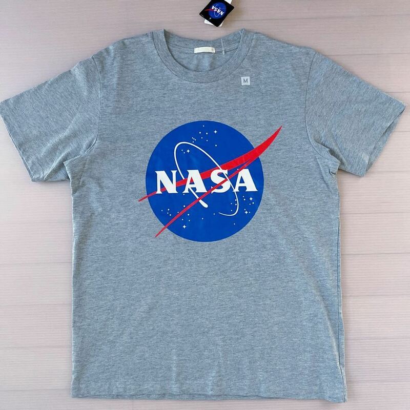 NASA ナサ 杢グレー メンズM未使用 迫力プリント ラバープリント アメリカ航空宇宙局 宇宙 ロゴマーク NASA printed T-shirt 女性OKサイズ