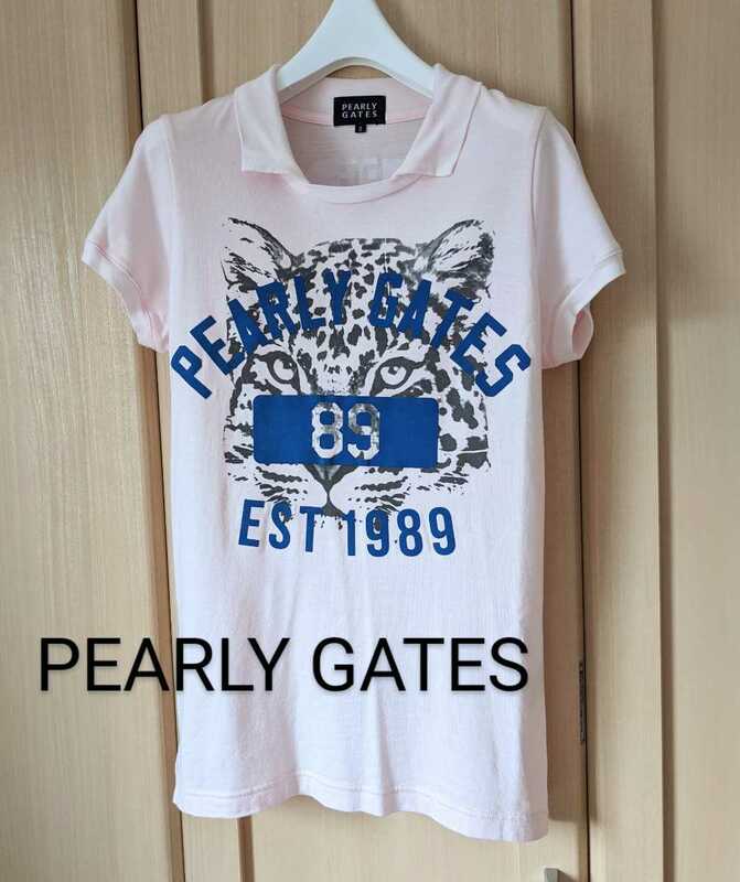 PEARLY GATES レディース0 パーリーゲイツ ゴルフ ブランドロゴ レオパードプリント 半袖 襟付Tシャツ S相当 日本製 正規品 薄ピンク
