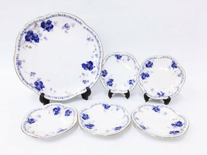 HOYA ホヤ 大皿 1枚 小皿 5枚 青藍 陶器 保谷 プレート デザート皿 盛皿 洋食器 ケーキ皿 取皿 金彩 花柄