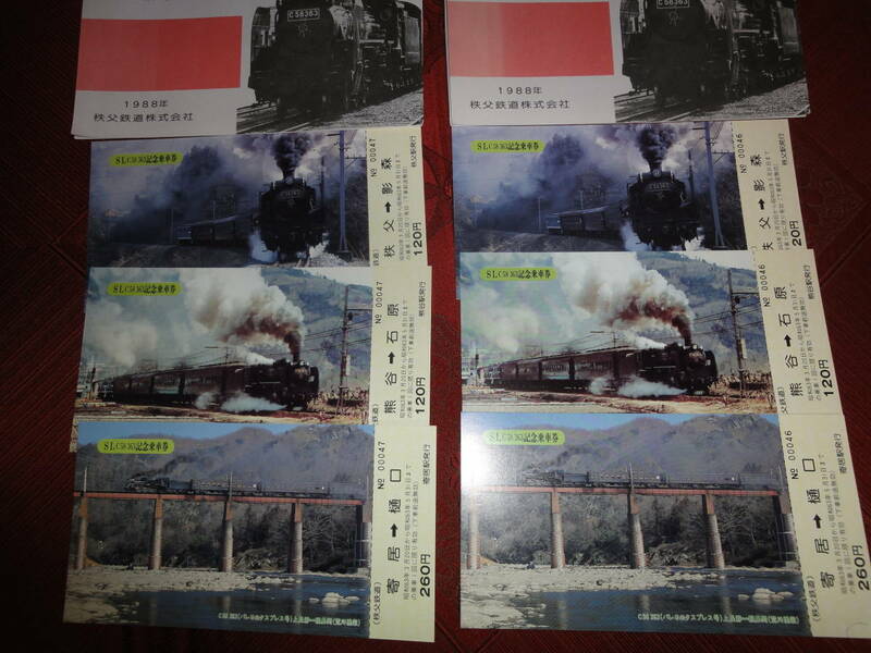 ☆未使用　秩父鉄道 ＳＬ(Ｃ５８ ３６３) 記念乗車券 　２セット　1988年3月発行