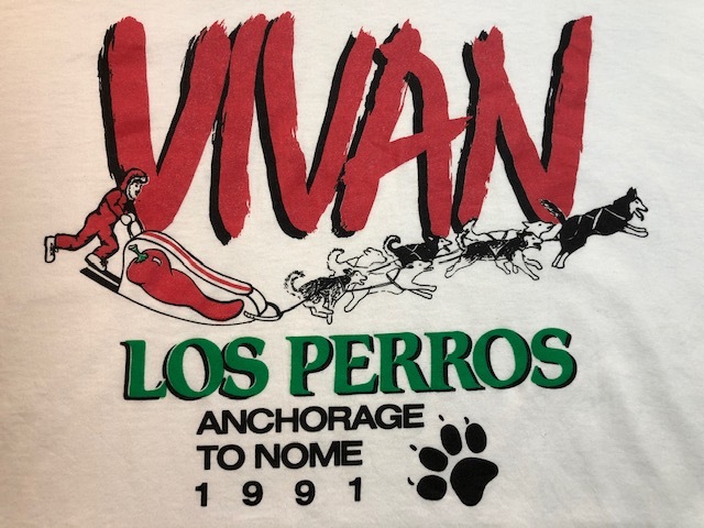 573★90's VINTAGE 大きいサイズ ゆるダボ ★USA古着 アニマルイラストプリントTシャツ 犬そり 唐辛子 1991 白 ホワイト Jerzees 2XL