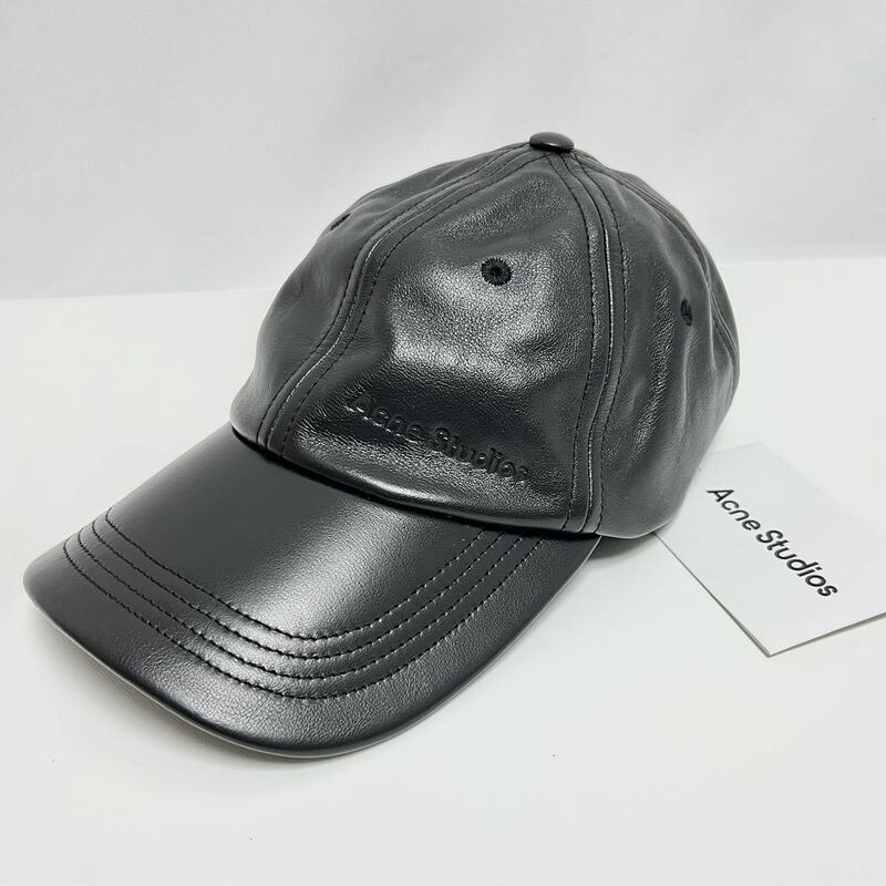 新品 アクネ ストゥディオズ ACNE STUDIOS レザー ロゴ キャップ 黒 CAP 帽子 ACNE ブラック ベースボール 未使用