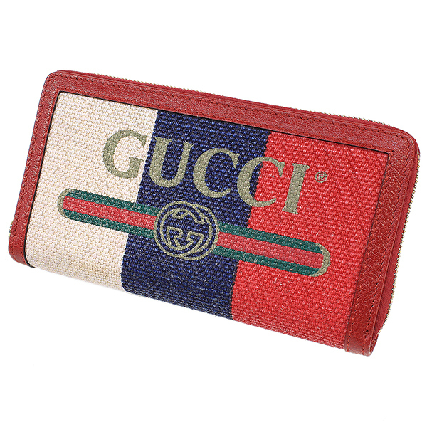 (グッチ)GUCCI トリコロール ロゴ レザー×キャンバス ラウンド 長財布 箱袋 D7980