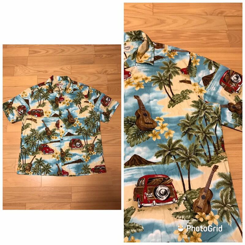 着用極少な目.美品☆HAWAII製／Hilo Hattie・XL大き目.日本2XL以上並　半袖アロハシャツ ビンテージ.クラシックカー,旧車他総柄 //シボレー