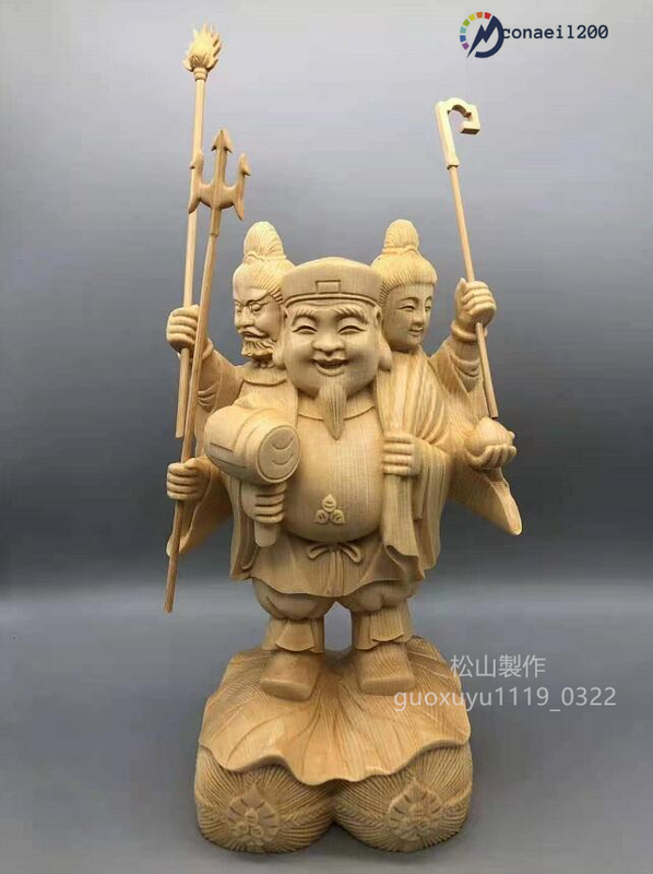 最新作 総檜材 木彫仏像 仏教美術 精密細工 仏師で仕上げ品　三面大黒天立像 高さ28cm