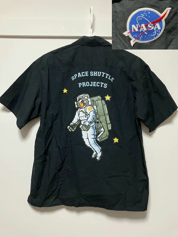 NASA ナサ　メンズ　シャツ　半袖　黒　スペースシャトル　ワークシャツ 半袖シャツ