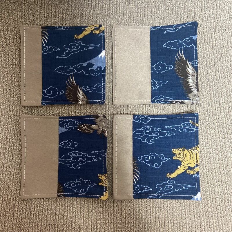 【ハンドメイド】コースター　虎　富士山　和柄　4枚セット