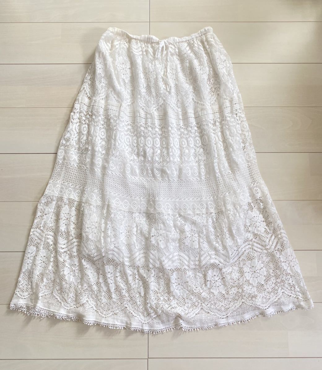 新品　studio CLIP スタジオクリップ　白ホワイト　クロシェ　かぎ針り編み　ニットロングマキシスカート　Fサイズ　春夏　透かし編み