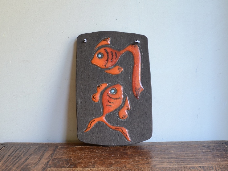 アンティーク 陶器 陶板 オブジェ フレーム ヴィンテージ 金魚 モチーフ ウォールデコレーション ART 絵画