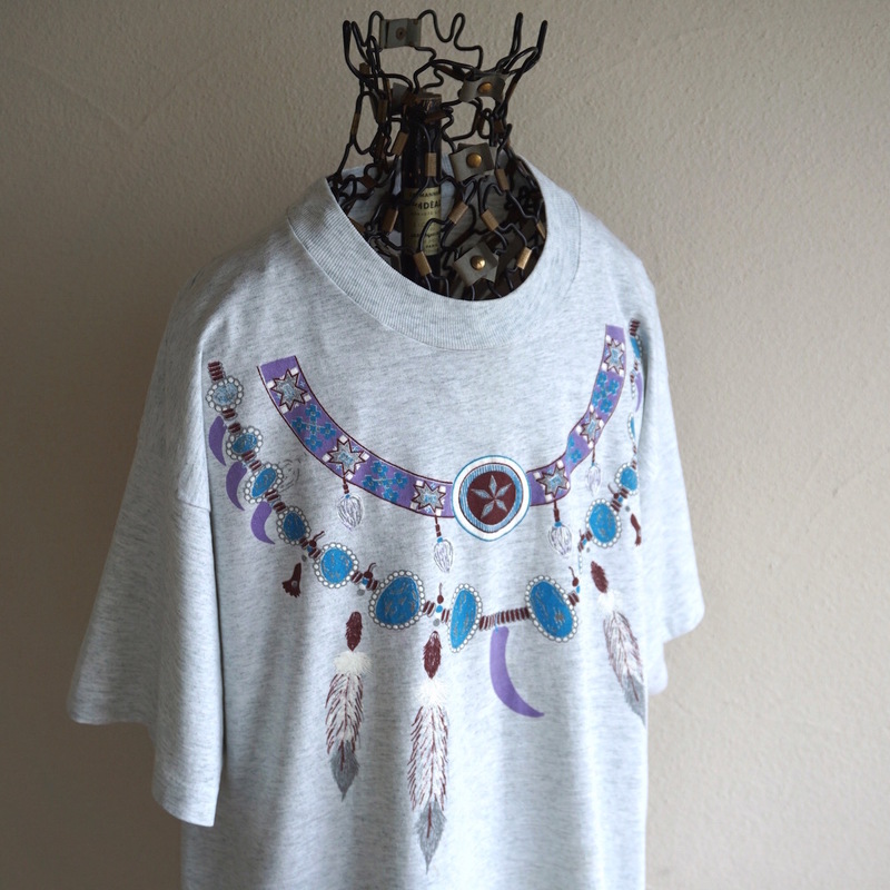 1990s USA製 ヴィンテージ SCREEN STARS ネイティブアメリカン ジュエリー ネックレス プリントTシャツ XL ヘザーグレー インディアン 古着