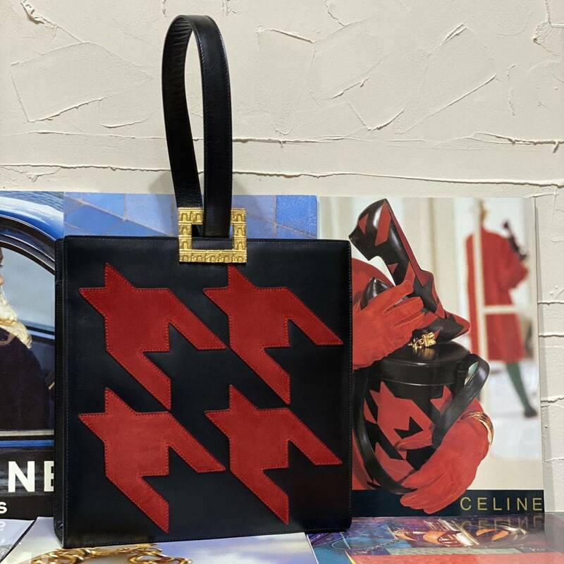 激レア 良品 VINTAGE OLD CELINE ショルダーバッグ 千鳥格子柄×凱旋門金具 カーフレザー マカダム トリオンフ ヴィンテージバッグ 希少