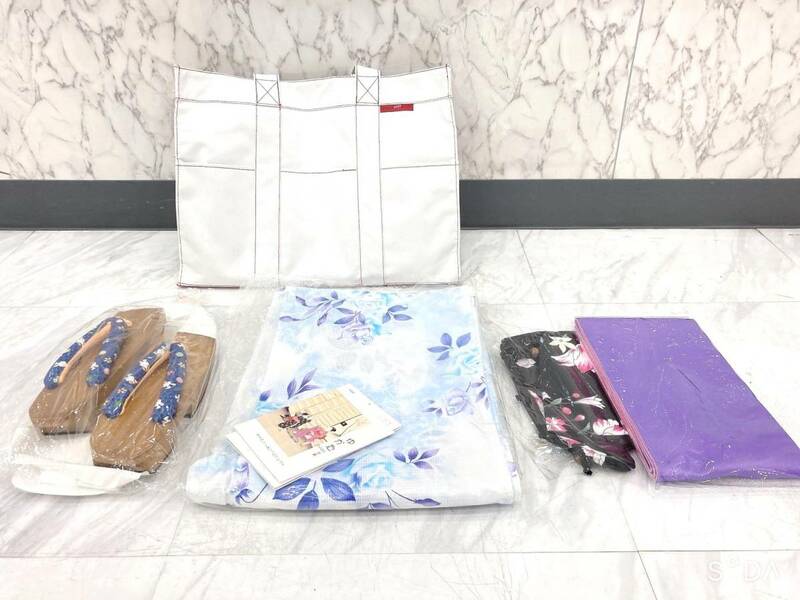 ◆【未使用】YUKATA PASS KYOTO ゆかたパス京都 浴衣・帯・下駄・巾着 セット　水色